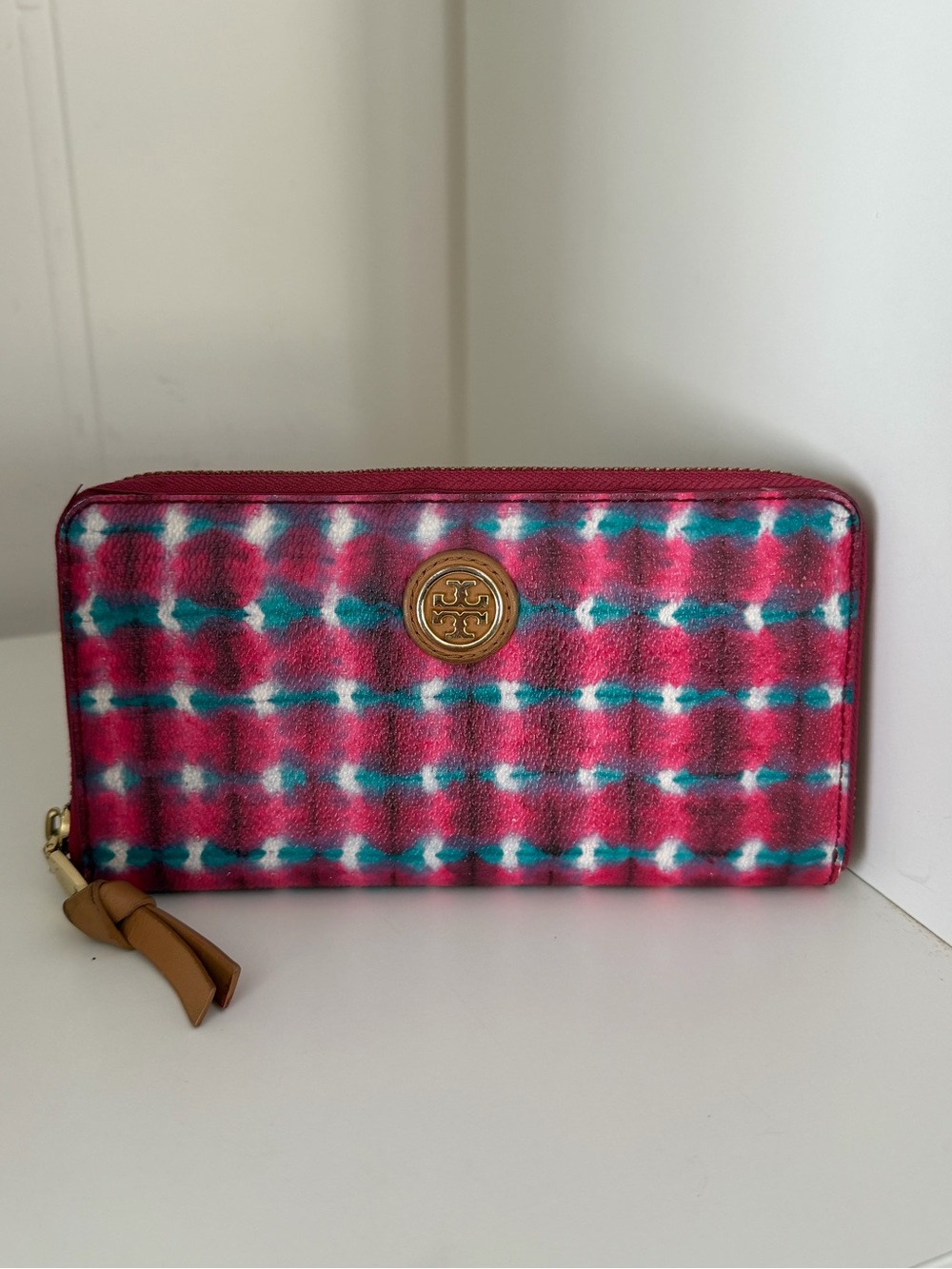 Tory Burch Pink & Teal Tie-Dye Zip Around Wallet